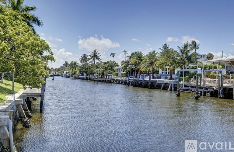 A calm waterway with a dock and palm trees.
