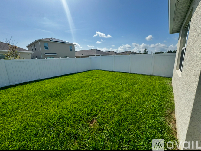 A backyard with a white fence and green grass.