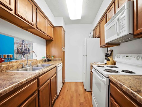 a kitchen with a sink and a stove and a refrigerator