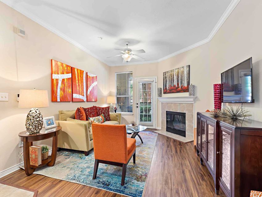 a living room with a couch and a tv and a fireplace