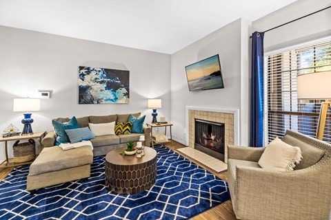 a living room with a couch and a fireplace