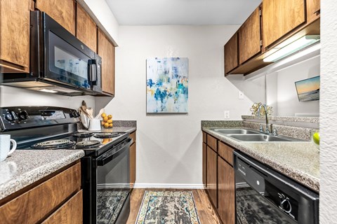 our spacious kitchens are equipped with stainless steel appliances and wood cabinets