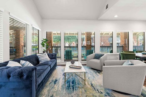 a living room with a blue couch and a blue rug