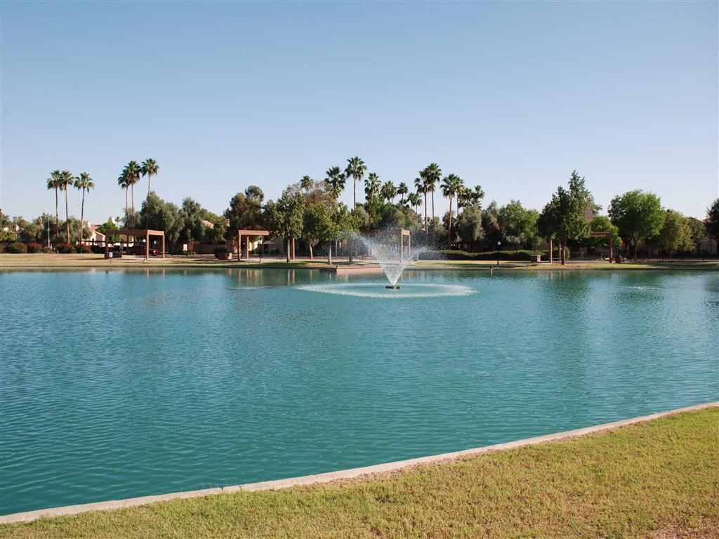 a fountain in the middle of a lake at a park