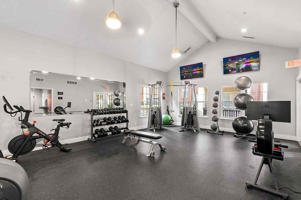 a gym with weights and cardio equipment on the floor and a tv