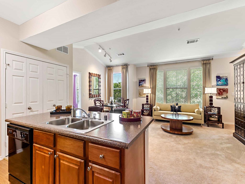 a kitchen with a counter top and a living room