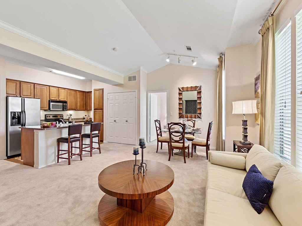 a living room and kitchen with a table and a couch