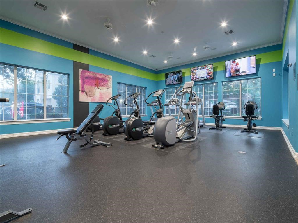 the gym is stocked with cardio equipment and televisions