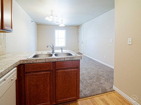 a kitchen and living room with a sink and a window