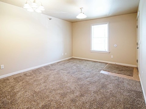 an empty room with carpet and a window