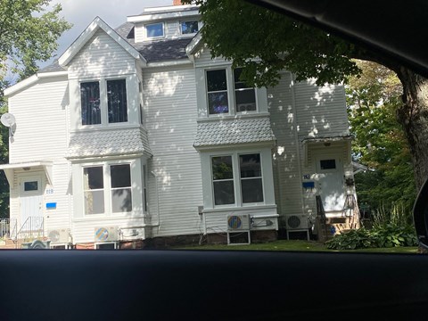 A white house with a black roof and a tree in front.