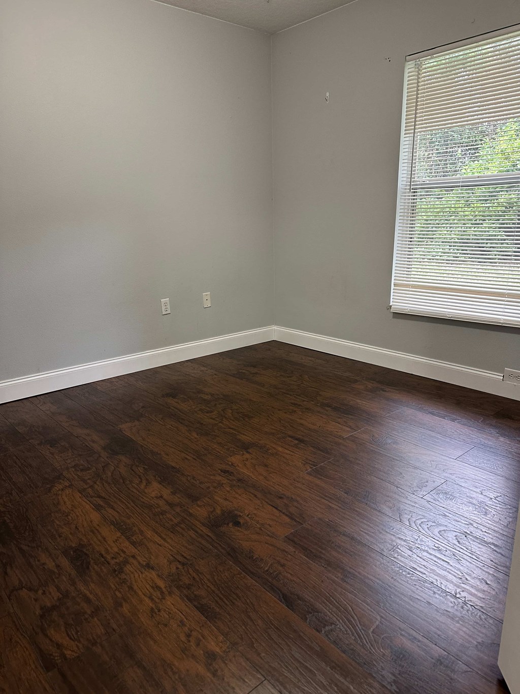 A room with wooden flooring and a window with blinds.