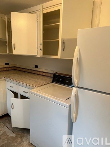 A white fridge and dishwasher in a kitchen.