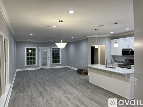 A spacious kitchen and living room with grey walls and wooden flooring.
