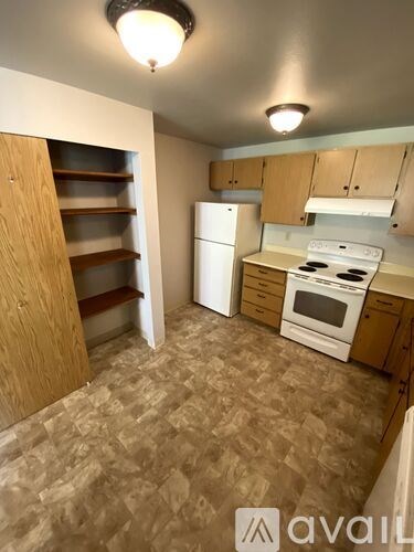 A kitchen with a white fridge and stove top oven.