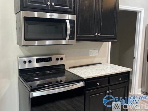 A kitchen with black cabinets and a stainless steel oven and microwave.