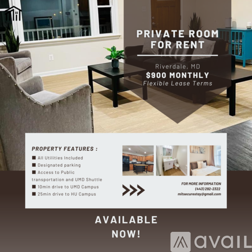 A private room for rent in Riverdale, MD is available now for $900 monthly.