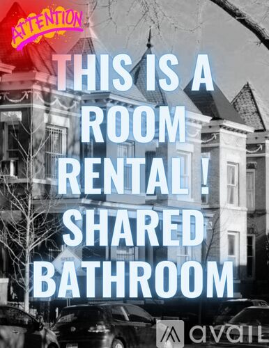 A sign advertises a room rental with a shared bathroom.