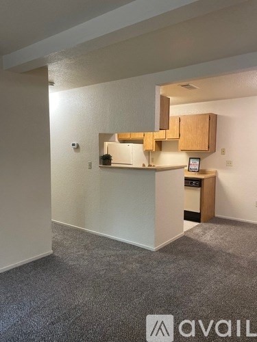 A small kitchen area with a counter and cabinets.