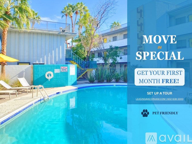 A pool with lounge chairs and a sign offering a free first month.