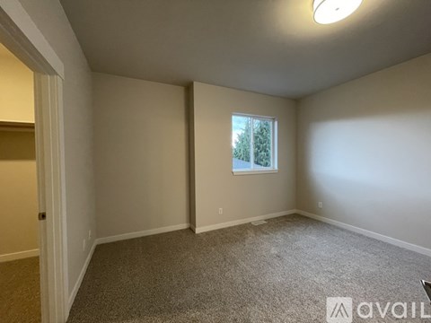 A room with a carpeted floor and a window showing trees outside.