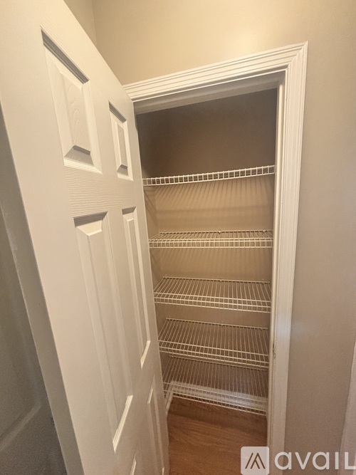 A white pantry with shelves and a door.