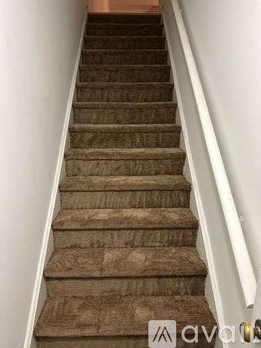 A staircase with a carpeted runner and white walls.