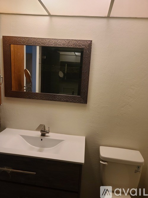 A bathroom with a white sink and a mirror above it.
