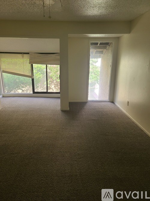 A carpeted room with a doorway leading to another room.
