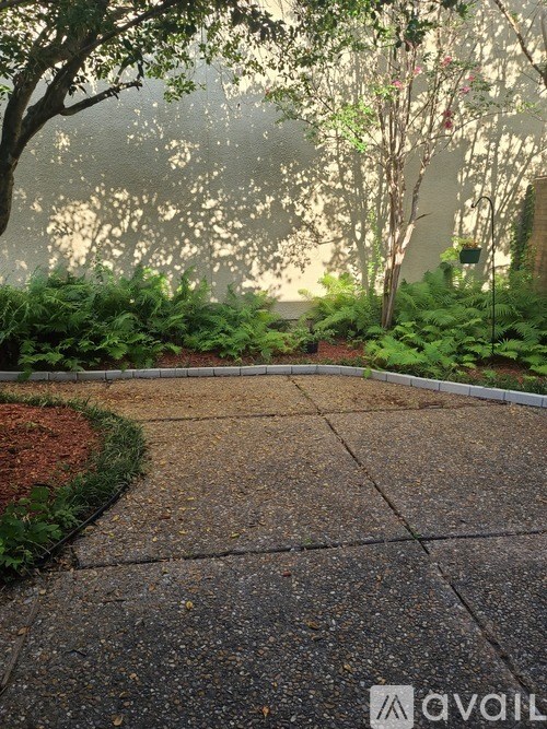 A garden with a gravel path and a variety of plants.