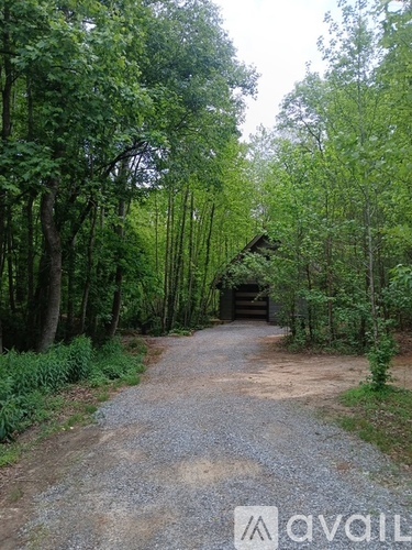 A gravel path leads through a wooded area to a small building.