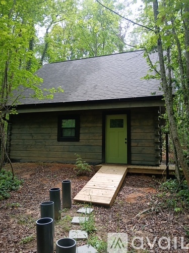 A small wooden cabin with a green door is surrounded by trees.