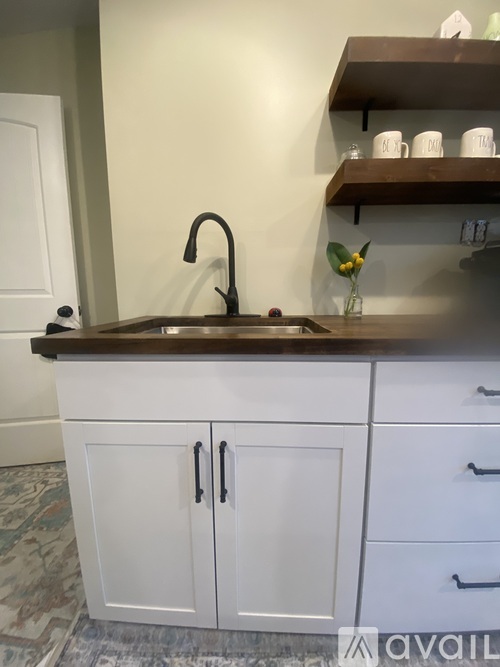 A kitchen with a sink and cabinets.