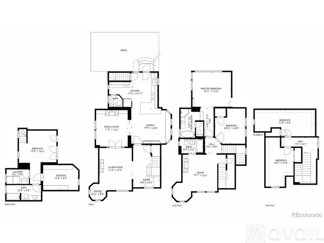 A floor plan of a multi-story building with various rooms and their dimensions.
