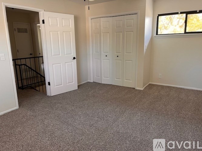 A room with two white doors and a carpeted floor.