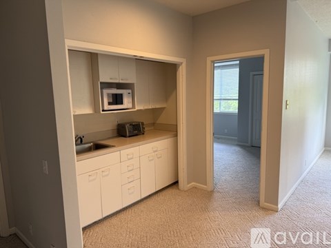 A kitchen with white cabinets and a microwave above the sink.