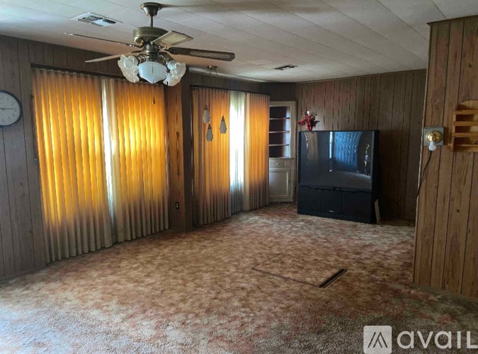 A living room with a television and a ceiling fan.