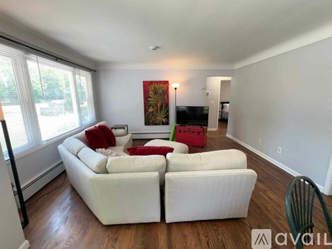 A living room with a white couch and a red pillow.
