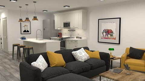 A modern living room with a grey sofa and yellow accent chairs.