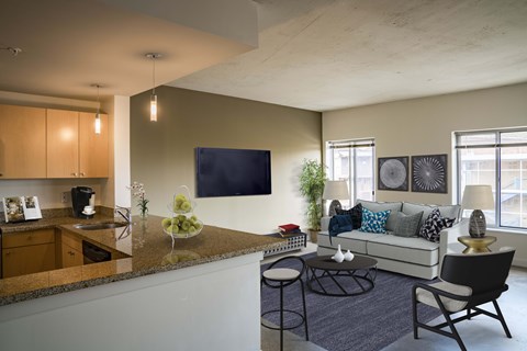 A modern kitchen with a bar counter and a living room area with a couch and a chair.