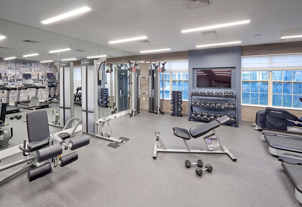 A spacious gym with a variety of equipment including weights and cardio machines.