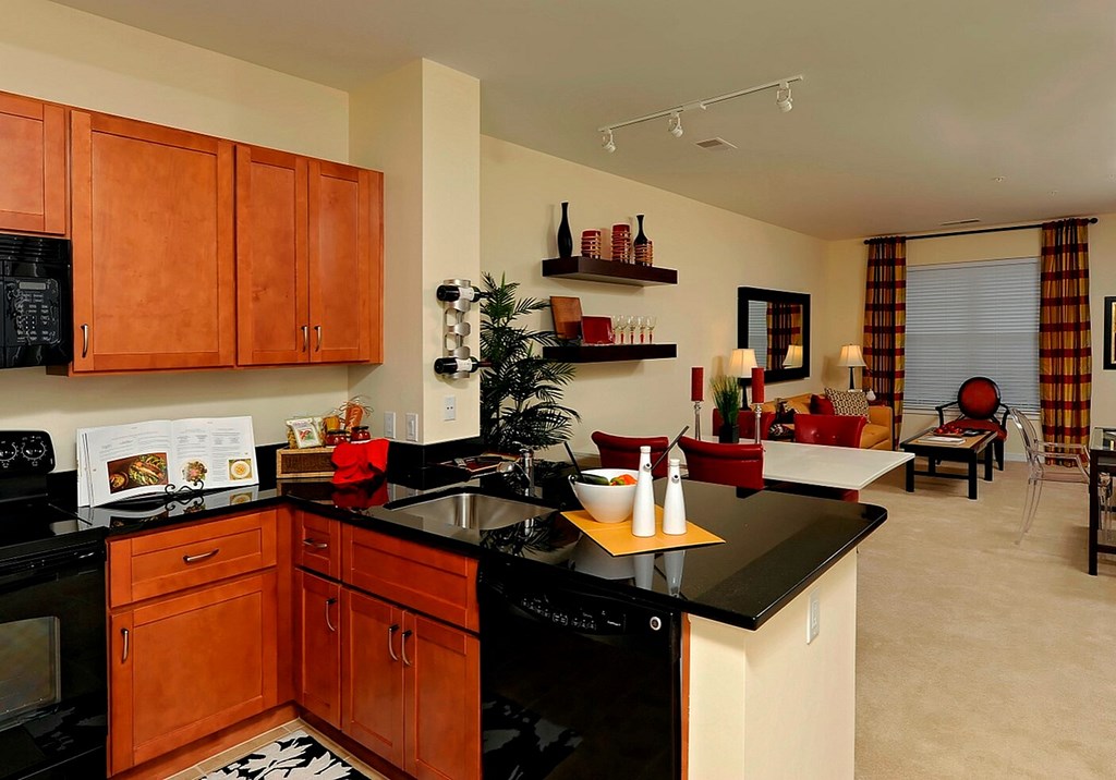 A kitchen with black countertops and wooden cabinets.