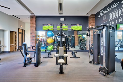 A gym with a variety of equipment including a rowing machine.