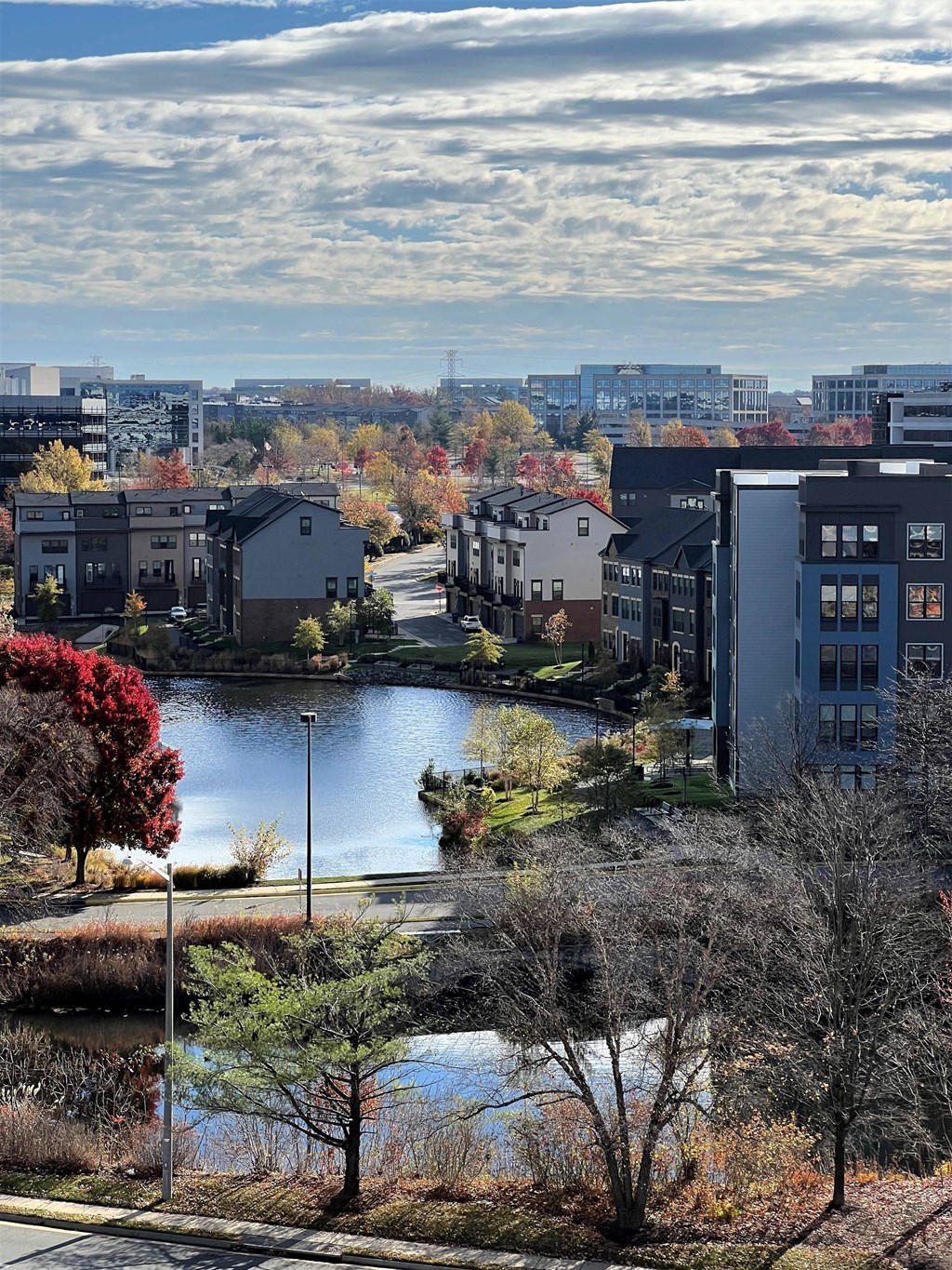 A view of a lake surrounded by buildings and trees.