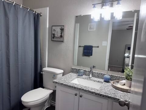 A bathroom with a toilet, sink, and shower curtain.