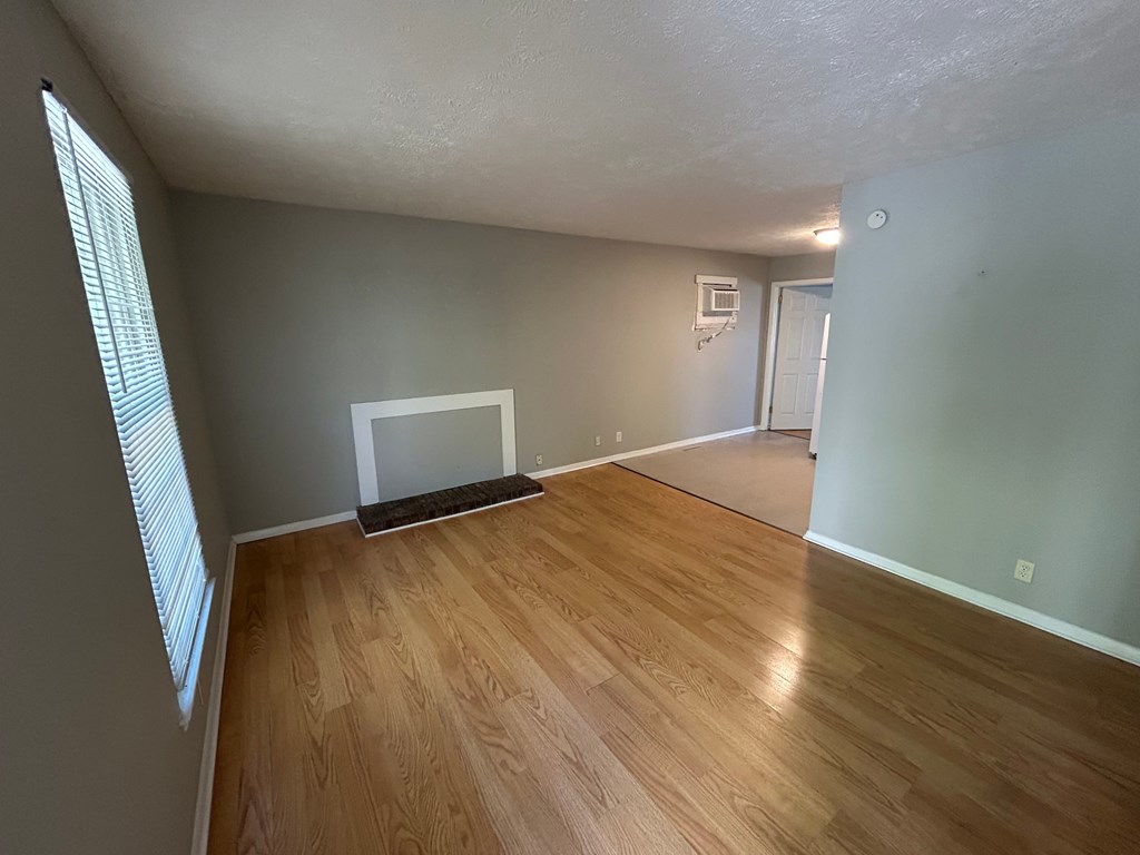 A room with wooden flooring and a white door.