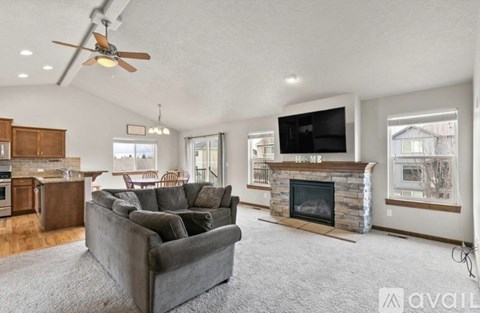 A living room with a grey couch and a fireplace.