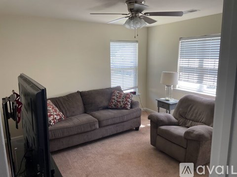 A living room with a grey couch, a television, a small table with a lamp, and a ceiling fan.