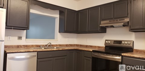 A kitchen with black cabinets and a stove top oven.