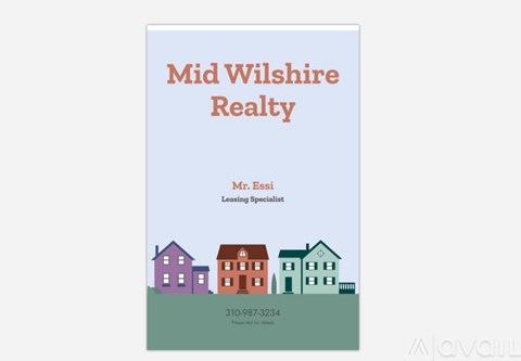 A business card for Mid Wilshire Realty with a background of houses.